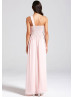 Blush Pink Chiffon Beads One Shoulder Long Prom Dress 